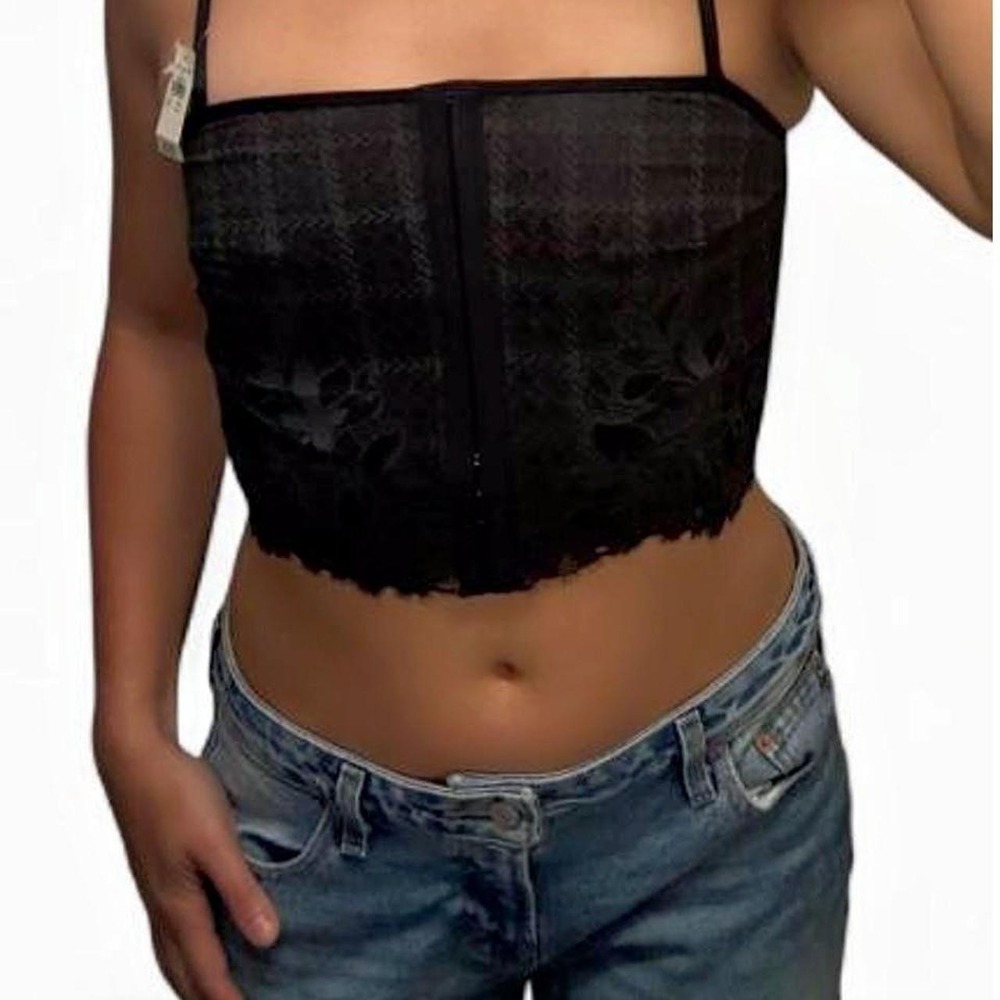 Aerie Black Lace Corset Top NWT Adjustable Straps Houndstooth S